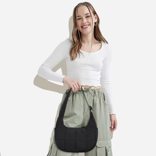 Puffer Crescent Bag for Women Quilted Underarm Bag Nylon Adjustable Strap Shoulder Purse Hobo Bag for Work Travel